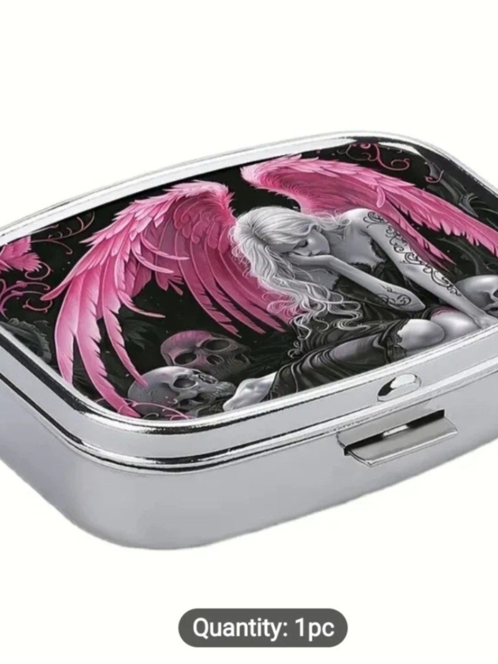 Gothic Pink Winged Angel Compact Pill Box W/2 Compartments, Mirror & Skulls.
